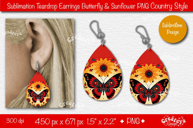 Earrings Sublimation Teardrop earring Butterfly and Sunflower sublimation Floral Country style Sublimation Createya Design 