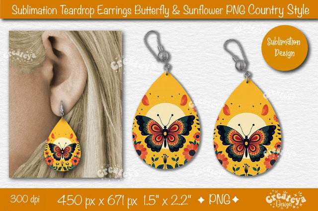 Earrings Sublimation Teardrop earring Butterfly and Sunflower sublimation Floral Country style Sublimation Createya Design 