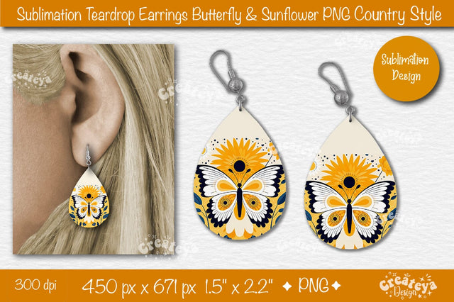 Earrings Sublimation Teardrop earring Butterfly and Sunflower sublimation Floral Country style Sublimation Createya Design 