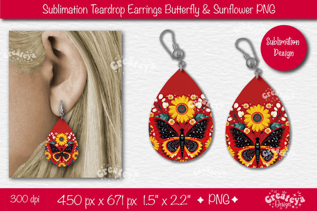 Earrings Sublimation Teardrop earring Butterfly and Sunflower sublimation Floral Country style Sublimation Createya Design 
