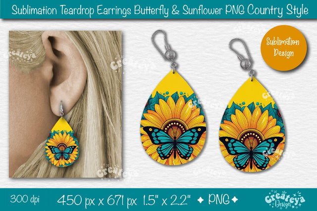 Earrings Sublimation Teardrop earring Butterfly and Sunflower sublimation Floral Country style Sublimation Createya Design 