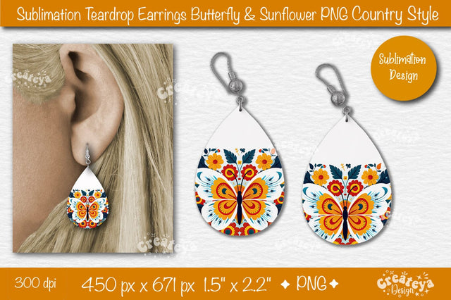 Earrings Sublimation Teardrop earring Butterfly and Sunflower sublimation Floral Country style Sublimation Createya Design 