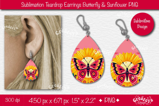 Earrings Sublimation| Teardrop earring Butterfly and Sunflower sublimation Floral Country style Sublimation Createya Design 