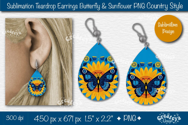 Earrings Sublimation Teardrop earring Butterfly and Sunflower sublimation Floral Country style Sublimation Createya Design 
