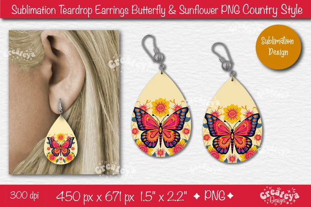Earrings Sublimation Teardrop earring Butterfly and Sunflower sublimation Floral Country style Sublimation Createya Design 