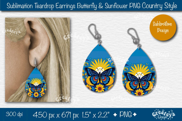 Earrings Sublimation Teardrop earring Butterfly and Sunflower sublimation Floral Country style Sublimation Createya Design 