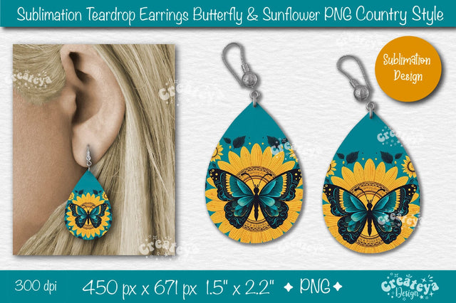 Earrings Sublimation Teardrop earring Butterfly and Sunflower sublimation Floral Country style Sublimation Createya Design 