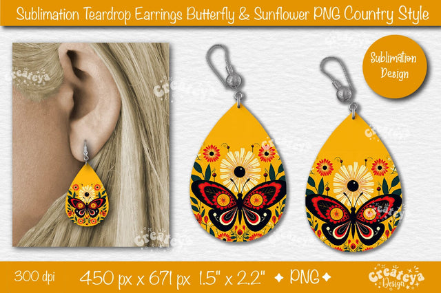 Earrings Sublimation Teardrop earring Butterfly and Sunflower sublimation Floral Country style Sublimation Createya Design 