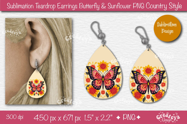Earrings Sublimation Teardrop earring Butterfly and Sunflower sublimation Floral Country style Sublimation Createya Design 