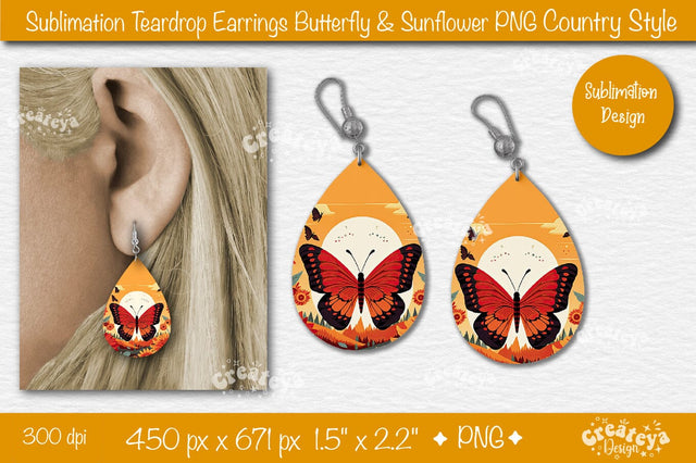 Earrings Sublimation Teardrop earring Butterfly and Sunflower sublimation Floral Country style Sublimation Createya Design 