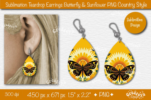 Earrings Sublimation Teardrop earring Butterfly and Sunflower sublimation Floral Country style Sublimation Createya Design 