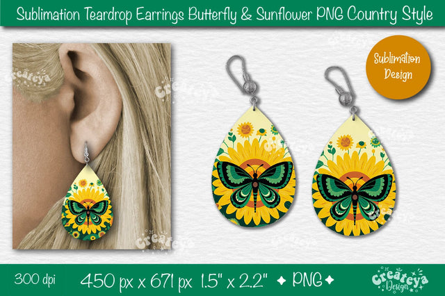 Earrings Sublimation Teardrop earring Butterfly and Sunflower sublimation Floral Country style Sublimation Createya Design 