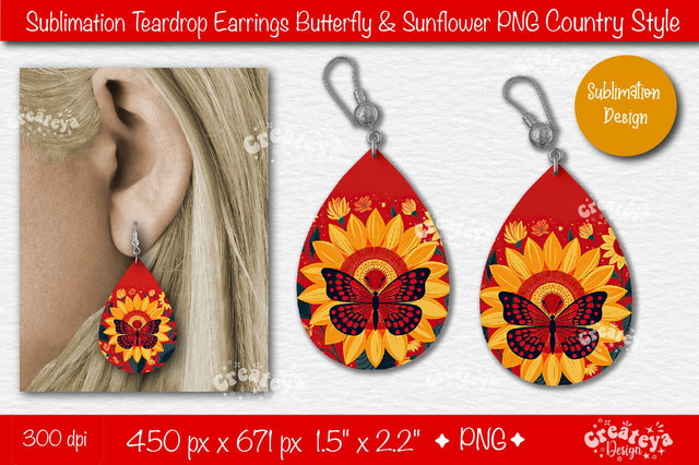 Earrings Sublimation Teardrop earring Butterfly and Sunflower sublimation Floral Country style Sublimation Createya Design 