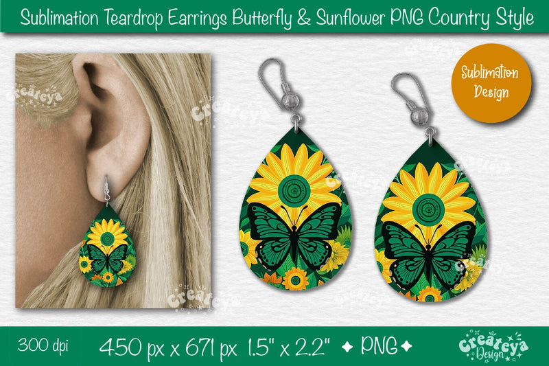 Earrings Sublimation Teardrop earring Butterfly and Sunflower sublimation Floral Country style Sublimation Createya Design 