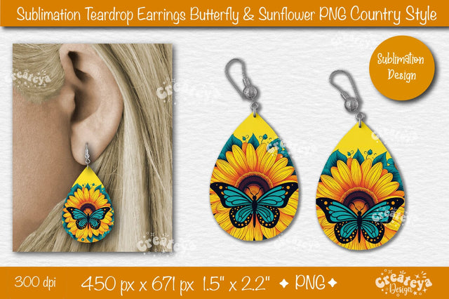 Earrings Sublimation Teardrop earring Butterfly and Sunflower sublimation Floral Country style Sublimation Createya Design 
