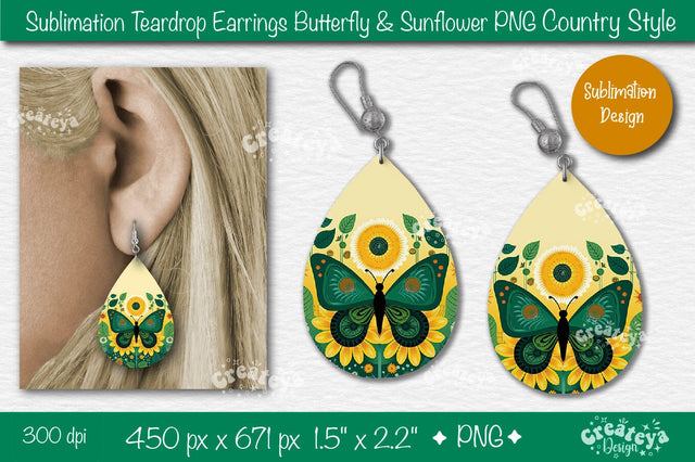 Earrings Sublimation Teardrop earring Butterfly and Sunflower sublimation Floral Country style Sublimation Createya Design 
