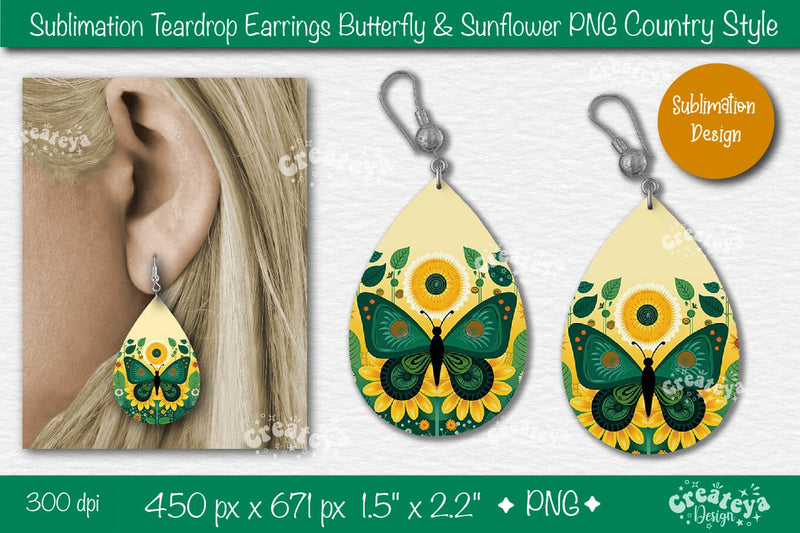 Earrings Sublimation Teardrop earring Butterfly and Sunflower sublimation Floral Country style Sublimation Createya Design 