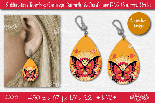 Earrings Sublimation Teardrop earring Butterfly and Sunflower sublimation Floral Country style Sublimation Createya Design 