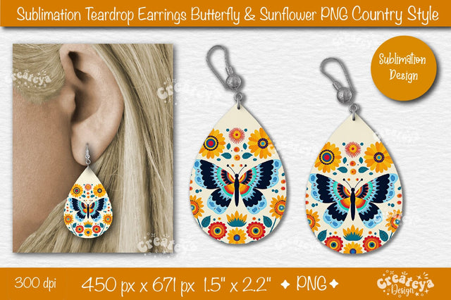 Earrings Sublimation Teardrop earring Butterfly and Sunflower sublimation Floral Country style Sublimation Createya Design 