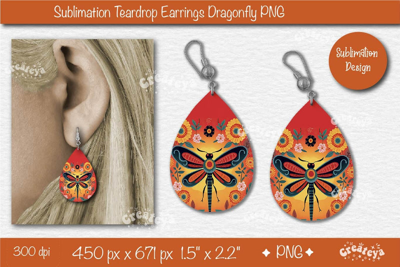 Earrings Sublimation Teardrop Earring Dragonfly sublimation Floral Country style Sublimation Createya Design 