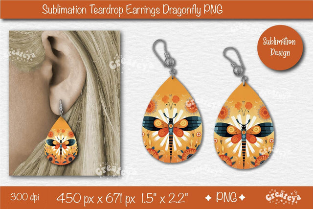 Earrings Sublimation Teardrop Earring Dragonfly sublimation Floral Country style Sublimation Createya Design 
