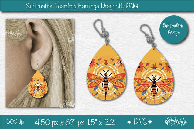 Earrings Sublimation Teardrop Earring Dragonfly sublimation Floral Country style Sublimation Createya Design 