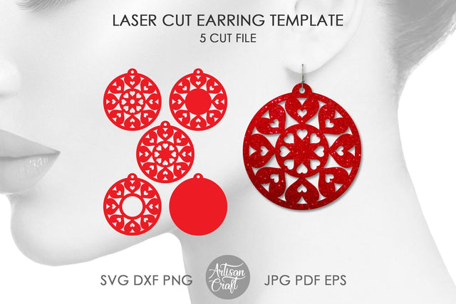 Earrings SVG for Laser cutting with Heart mandala SVG Artisan Craft SVG 