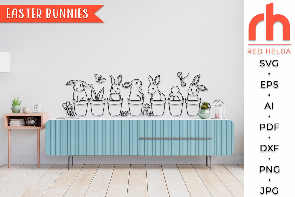 Easter Bunnies SVG, Rabbits in pots Cut File, Spring Decor DXF - So Fontsy