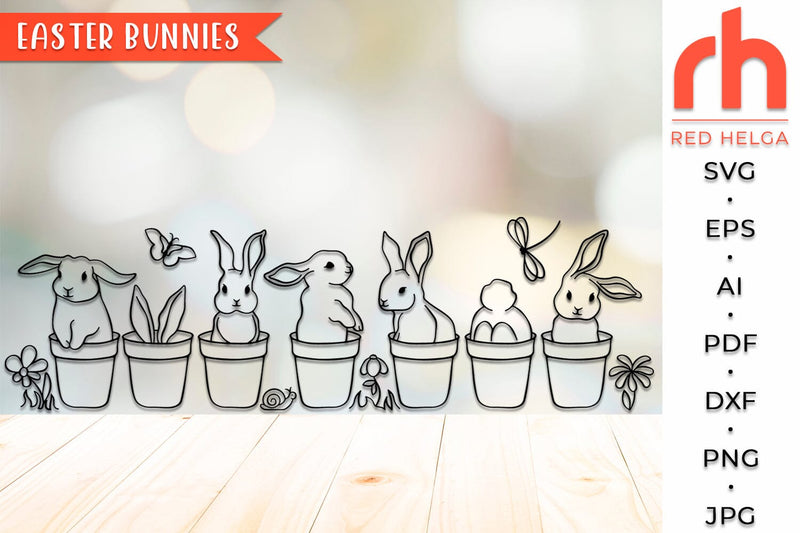 Easter Bunnies SVG, Rabbits in pots Cut File, Spring Decor DXF - So Fontsy