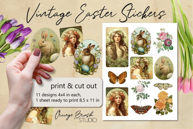 Easter Bunny Printable Stickers Easter Vintage Scrapbooking Sublimation OrangeBrushStudio 