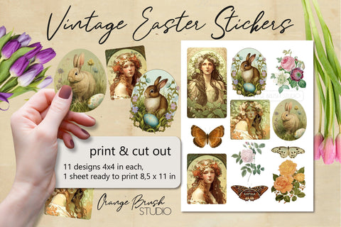 Easter Bunny Printable Stickers Easter Vintage Scrapbooking Sublimation OrangeBrushStudio 