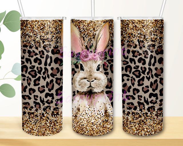 Easter Bunny Tumbler 20oz Skinny Tumbler Wrap, Glitter Leopard Easter Sublimation Png Sublimation sassyprint 