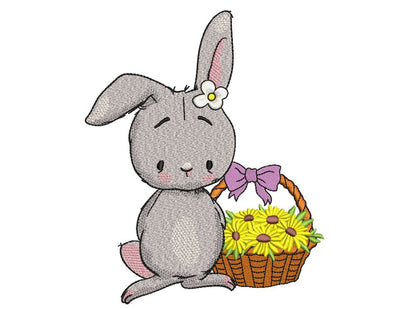 Easter Bunny with a Basket of Flowers Embroidery Design, 3 sizes Embroidery/Applique DESIGNS Nino Nadaraia 