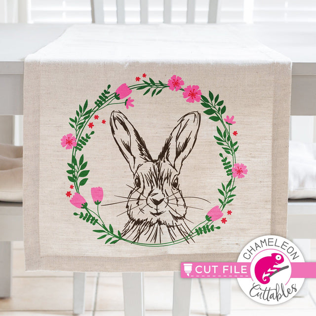 Easter Bunny with floral wreath Sketch Drawing - Easter design - SVG PNG DXF EPS JPEG SVG Chameleon Cuttables 