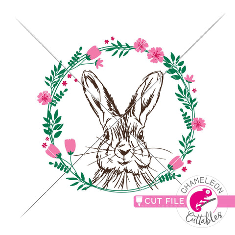 Easter Bunny with floral wreath Sketch Drawing - Easter design - SVG PNG DXF EPS JPEG SVG Chameleon Cuttables 