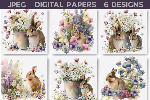 Easter Bunny With Flowers Digital Papers Digital Pattern WatercolorColorDream 