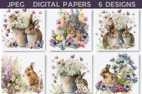 Easter Bunny With Flowers Digital Papers Digital Pattern WatercolorColorDream 