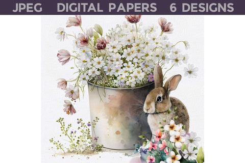 Easter Bunny With Flowers Digital Papers Digital Pattern WatercolorColorDream 