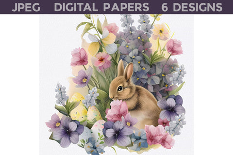 Easter Bunny With Flowers Digital Papers Digital Pattern WatercolorColorDream 