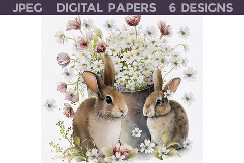 Easter Bunny With Flowers Digital Papers Digital Pattern WatercolorColorDream 