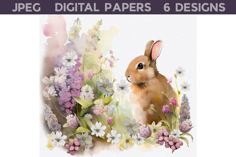 Easter Bunny With Flowers Digital Papers Digital Pattern WatercolorColorDream 