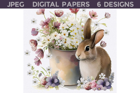Easter Bunny With Flowers Digital Papers Digital Pattern WatercolorColorDream 