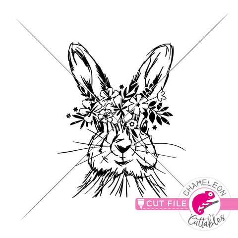 Easter Bunny with flowers Sketch Drawing - Easter design - SVG PNG DXF EPS JPEG SVG Chameleon Cuttables 