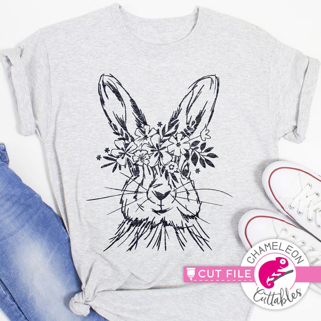 Easter Bunny with flowers Sketch Drawing - Easter design - SVG PNG DXF EPS JPEG SVG Chameleon Cuttables 