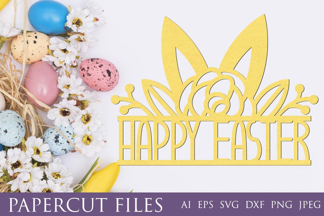 Easter cake topper with flowers and bunny ears svg, Paper cut template SVG AnastasiyaArtDesign 