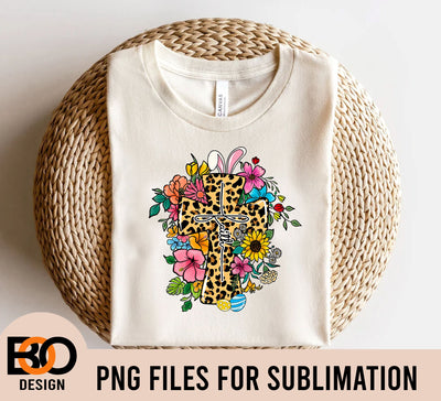 Easter Cross Leopard Flower, Cross with Flowers Easter Sublimation PNG Sublimation BOO-design 