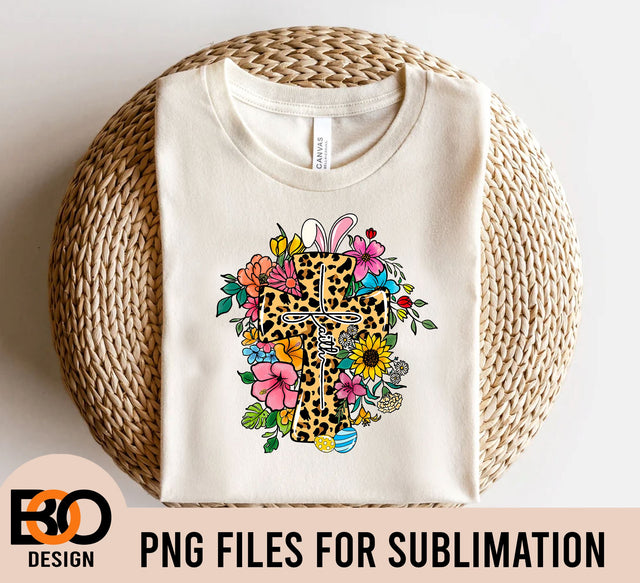 Easter Cross Leopard Flower, Cross with Flowers Easter Sublimation PNG Sublimation BOO-design 