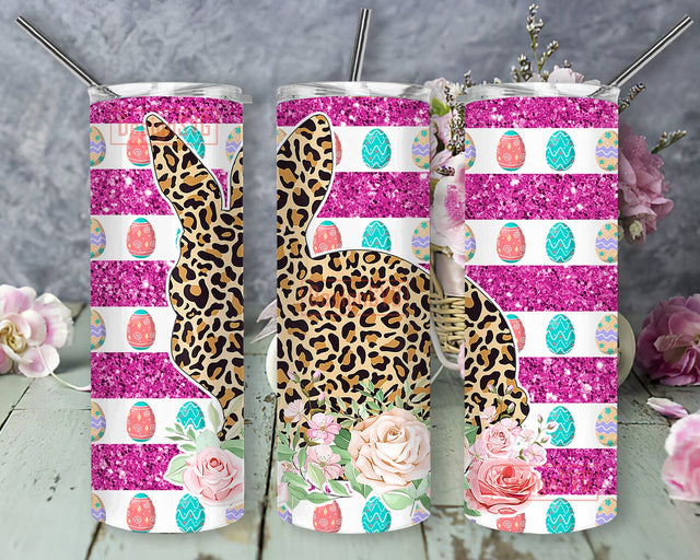 Easter Day 20oz Skinny Tumbler, Bunny Leopard Flower Tumbler Png, Happy Easter Tumbler Design, Easter Eggs Tumbler Wrap, Easter Bunny With Lid And Straw, Instant Download Sublimation DesignSVG 