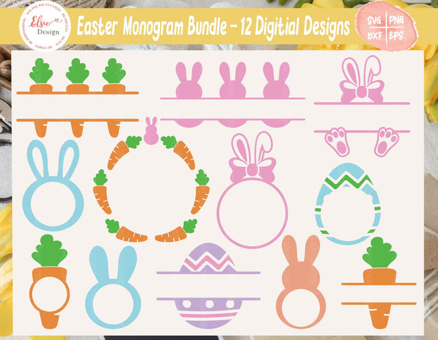 Easter Egg Bunny Carrot Monogram Bundle - SVG, PNG, DXF, EPS SVG Elsie Loves Design 