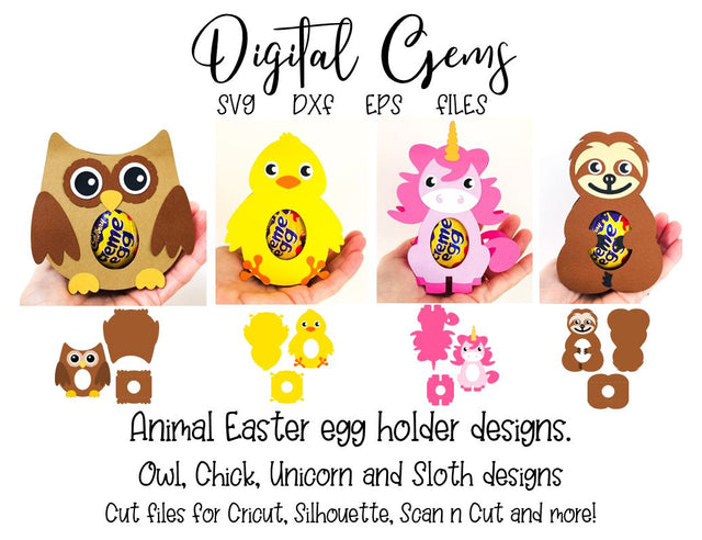 Easter egg holder designs, Owl, Chick, Unicorn, and Sloth SVG / DXF / EPS files SVG Digital Gems 